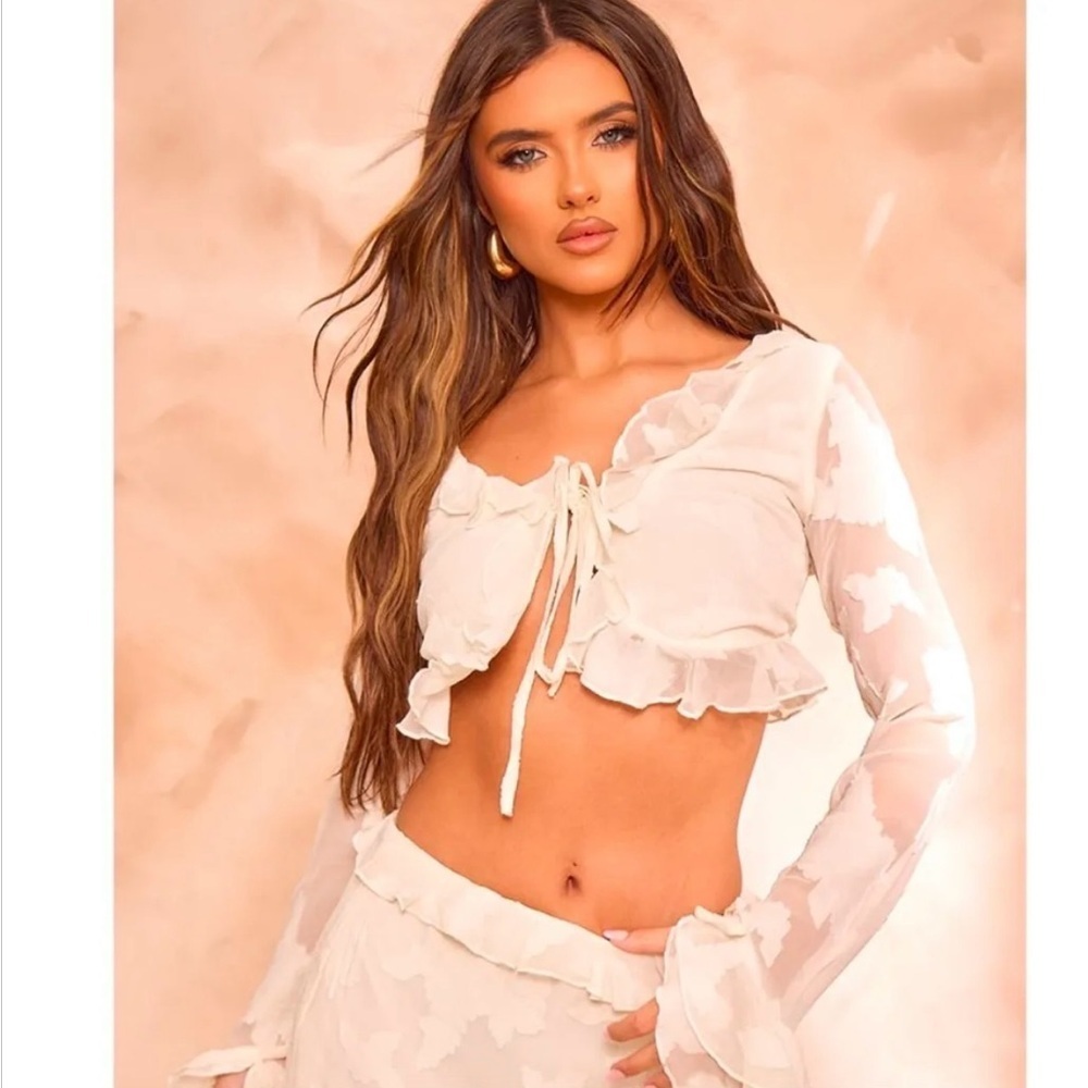 Pretty Little Thing Textured Chiffon Tie Front Frilly Crop Top
